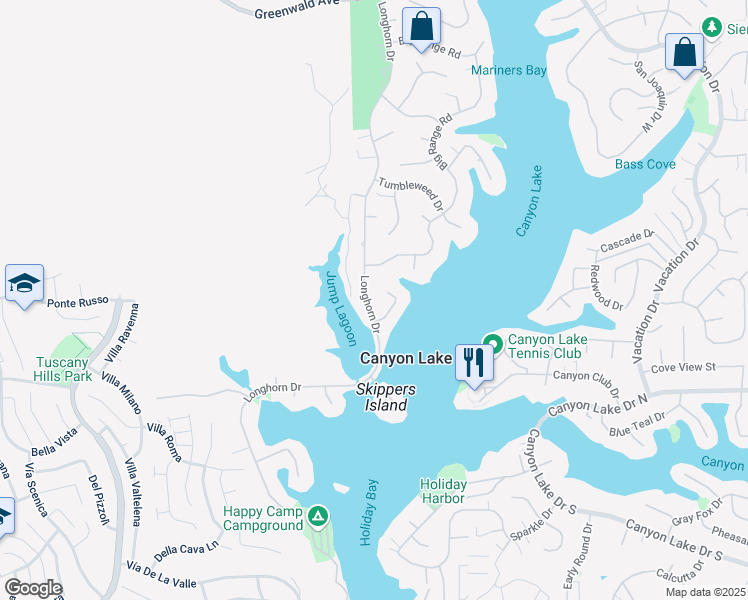 map of restaurants, bars, coffee shops, grocery stores, and more near 29818 Longhorn Drive in Canyon Lake