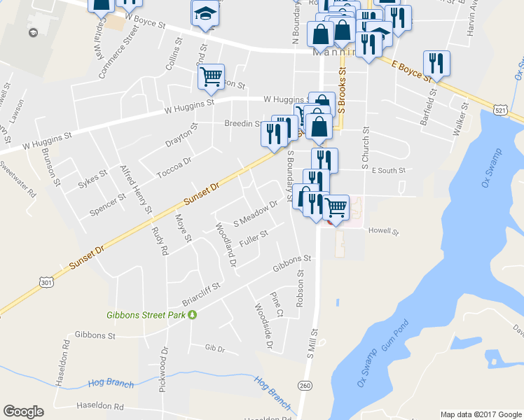 map of restaurants, bars, coffee shops, grocery stores, and more near 204 South Meadow Drive in Manning