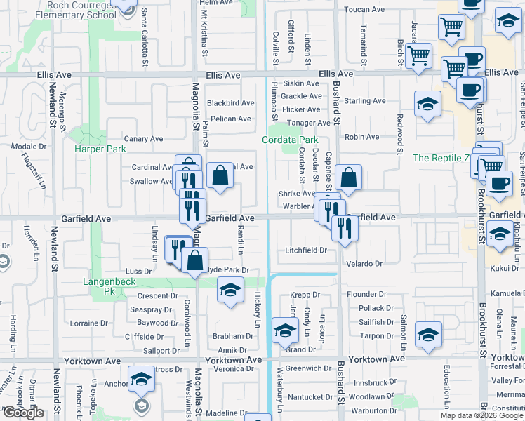 map of restaurants, bars, coffee shops, grocery stores, and more near 9222 Oriole Avenue in Fountain Valley