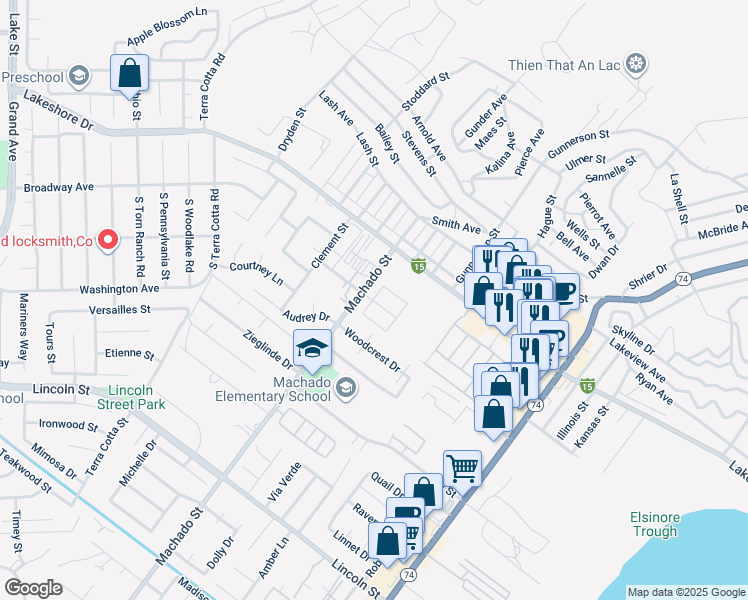 map of restaurants, bars, coffee shops, grocery stores, and more near 16428 Monterey Street in Lake Elsinore