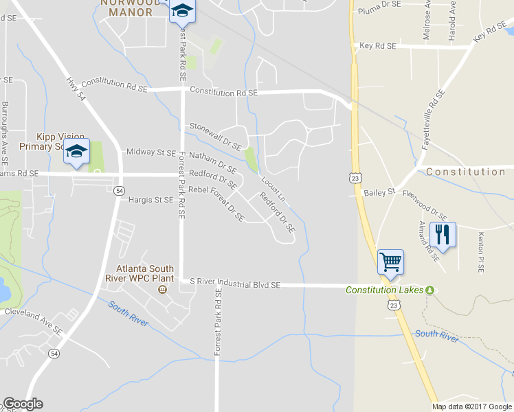 map of restaurants, bars, coffee shops, grocery stores, and more near 1082 Redford Drive Southeast in Atlanta