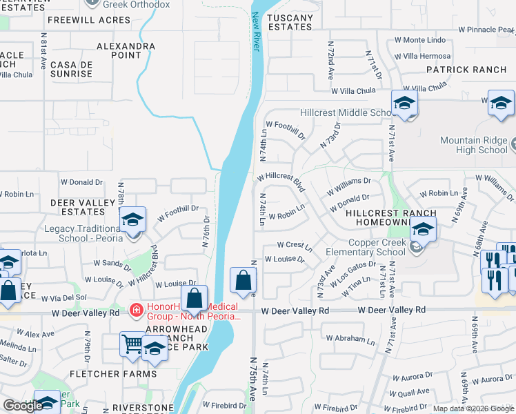 map of restaurants, bars, coffee shops, grocery stores, and more near 7449 West Donald Drive in Glendale