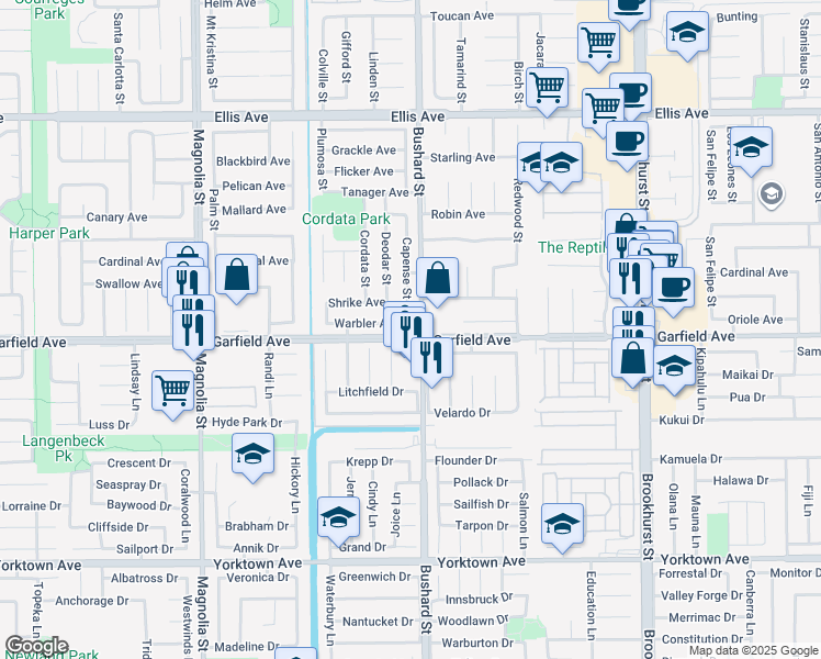 map of restaurants, bars, coffee shops, grocery stores, and more near 9486 Warbler Avenue in Fountain Valley