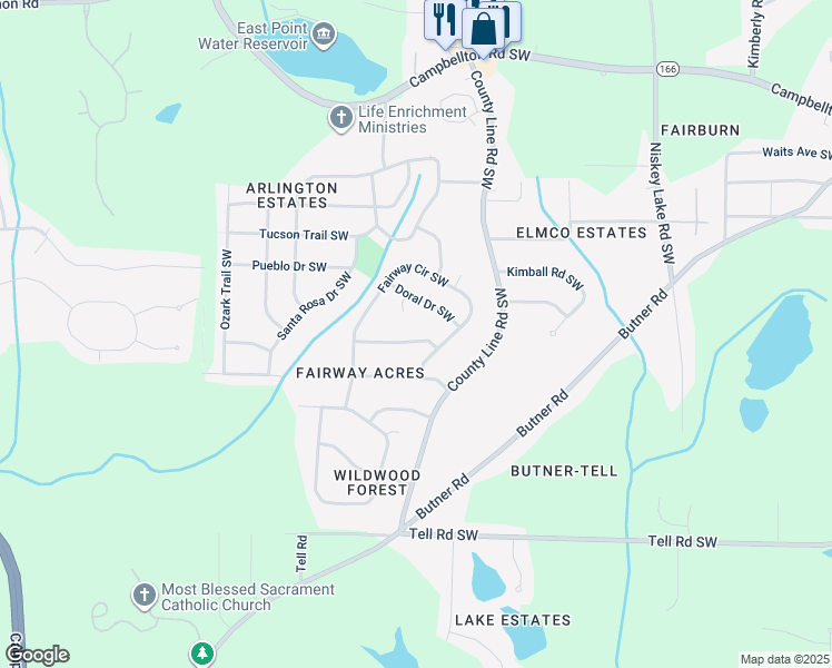 map of restaurants, bars, coffee shops, grocery stores, and more near 4553 Saint Andrews Drive Southwest in Atlanta