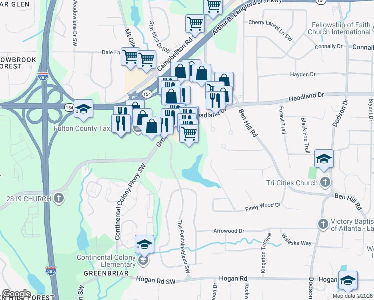 map of restaurants, bars, coffee shops, grocery stores, and more near 3030 Headland Drive Southwest in Atlanta