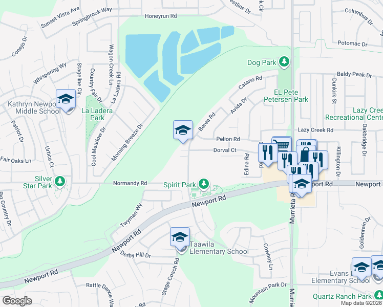 map of restaurants, bars, coffee shops, grocery stores, and more near 25525 Dorval Court in Menifee