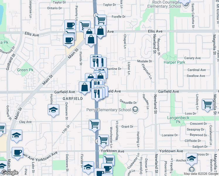map of restaurants, bars, coffee shops, grocery stores, and more near 18982 Valley Circle in Huntington Beach