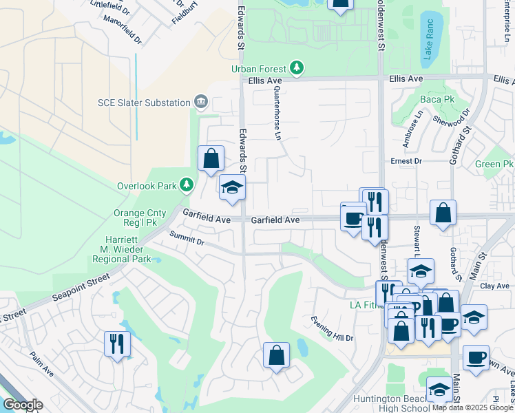 map of restaurants, bars, coffee shops, grocery stores, and more near 18956 Caddington Circle in Huntington Beach