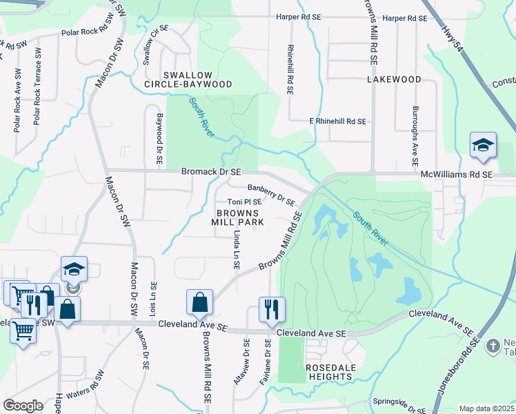 map of restaurants, bars, coffee shops, grocery stores, and more near 257 Toni Place Southeast in Atlanta