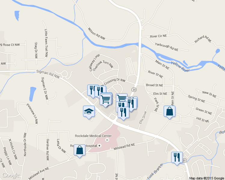 map of restaurants, bars, coffee shops, grocery stores, and more near 104 Hawkeye Lane in Conyers