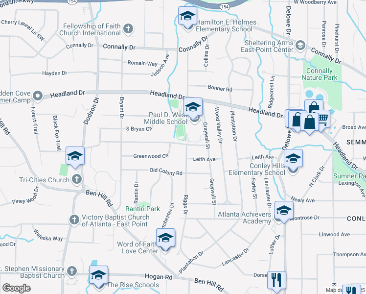 map of restaurants, bars, coffee shops, grocery stores, and more near 2505 Riggs Drive in East Point