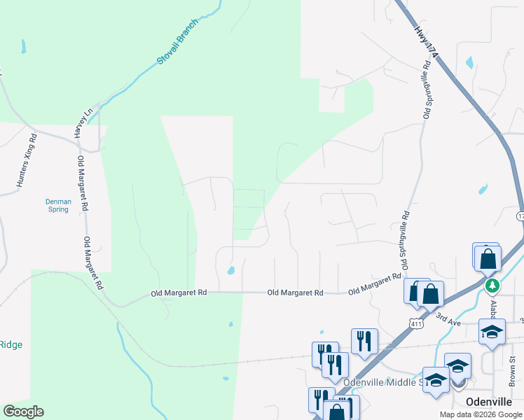map of restaurants, bars, coffee shops, grocery stores, and more near 385 Pine Ridge Drive in Odenville