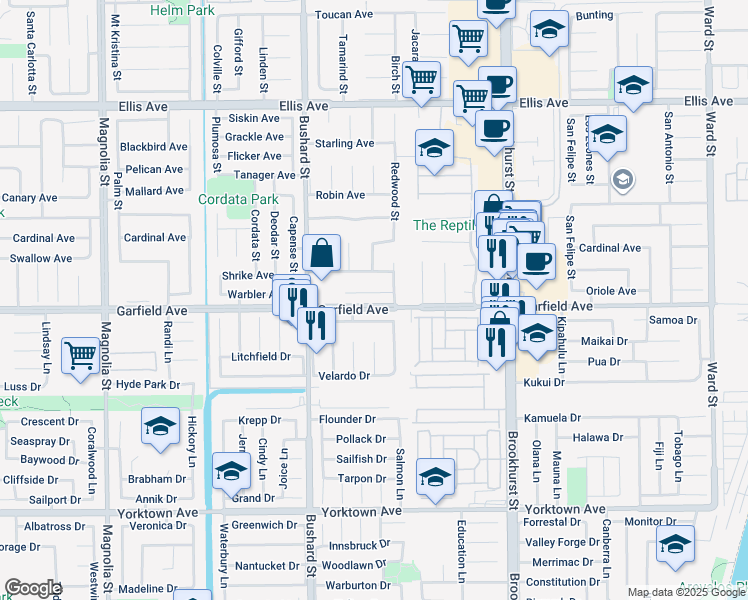 map of restaurants, bars, coffee shops, grocery stores, and more near 9666 Shimizu River Circle in Fountain Valley