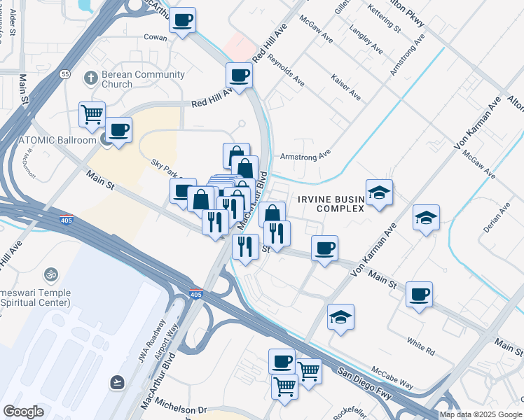 map of restaurants, bars, coffee shops, grocery stores, and more near 17828 Gillette Avenue in Irvine