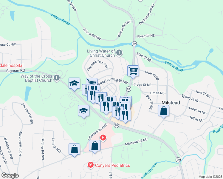 map of restaurants, bars, coffee shops, grocery stores, and more near 121 Hawkeye Lane Northwest in Conyers