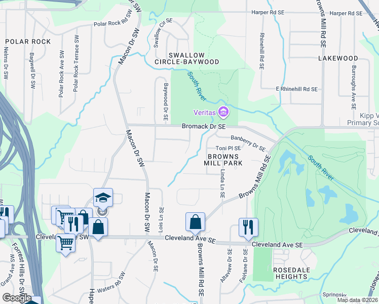 map of restaurants, bars, coffee shops, grocery stores, and more near 2468 Antwerp Drive Southeast in Atlanta