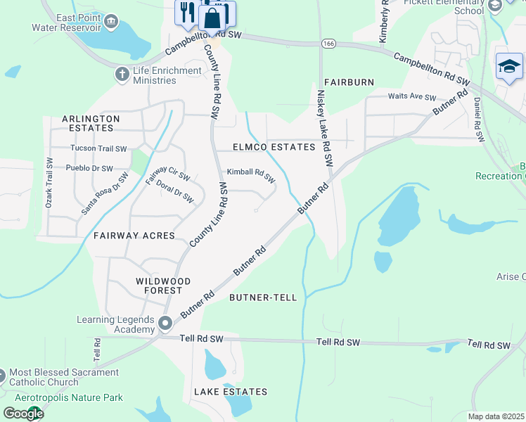 map of restaurants, bars, coffee shops, grocery stores, and more near 4281 Kimball Road Southwest in Atlanta