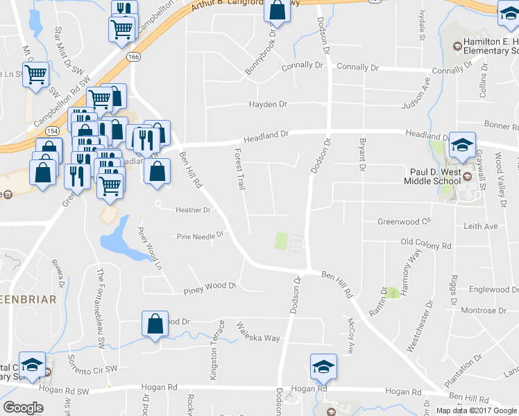 map of restaurants, bars, coffee shops, grocery stores, and more near 2735 Tanglewood Trail in East Point