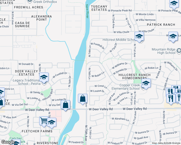 map of restaurants, bars, coffee shops, grocery stores, and more near 7449 West Donald Drive in Glendale