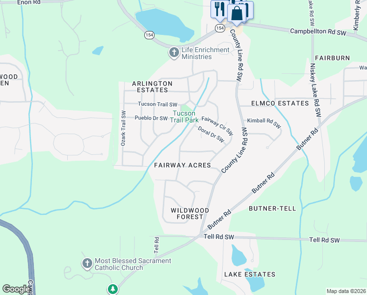 map of restaurants, bars, coffee shops, grocery stores, and more near 4595 Saint Andrews Drive Southwest in Atlanta
