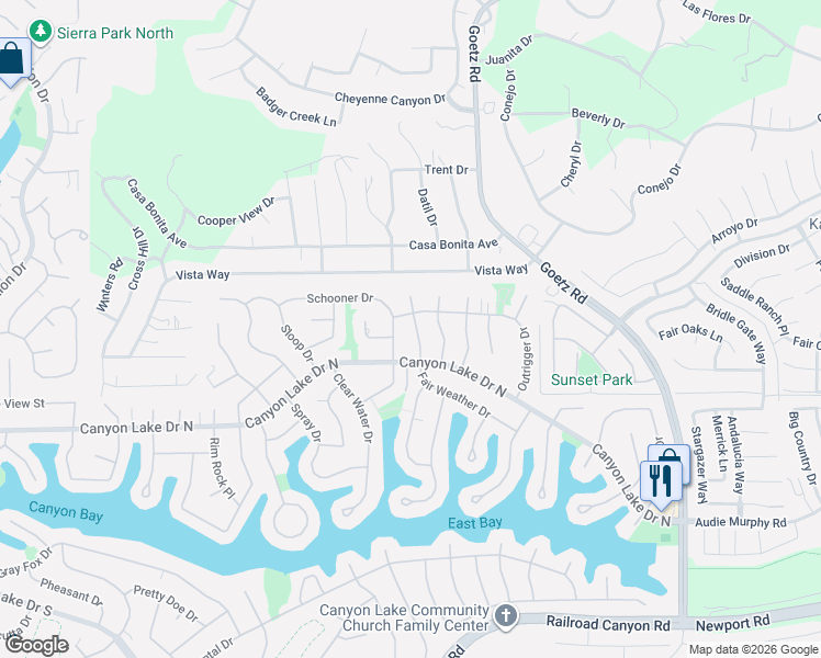 map of restaurants, bars, coffee shops, grocery stores, and more near 23633 Fair Weather Drive in Canyon Lake