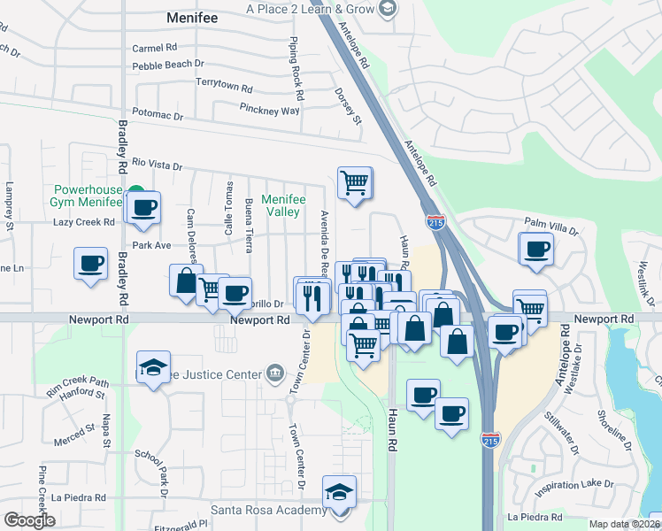 map of restaurants, bars, coffee shops, grocery stores, and more near 29840 Avenue De Real in Menifee