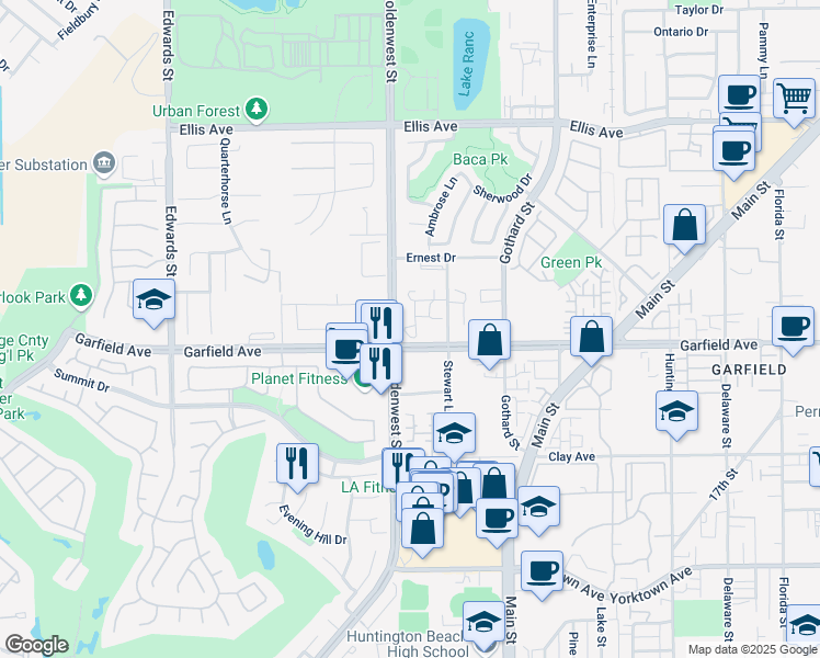 map of restaurants, bars, coffee shops, grocery stores, and more near 18906 Goldenwest Street in Huntington Beach