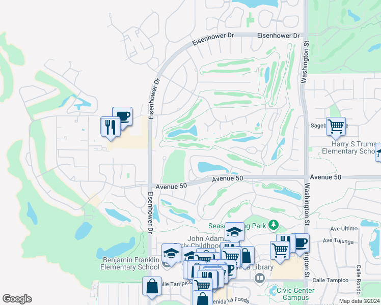 map of restaurants, bars, coffee shops, grocery stores, and more near 77978 Largo Drive in La Quinta