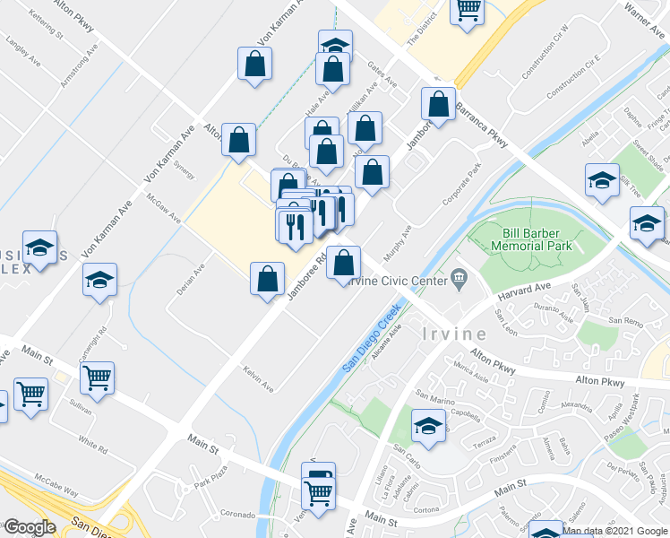 map of restaurants, bars, coffee shops, grocery stores, and more near 17052 Alton Parkway in Irvine