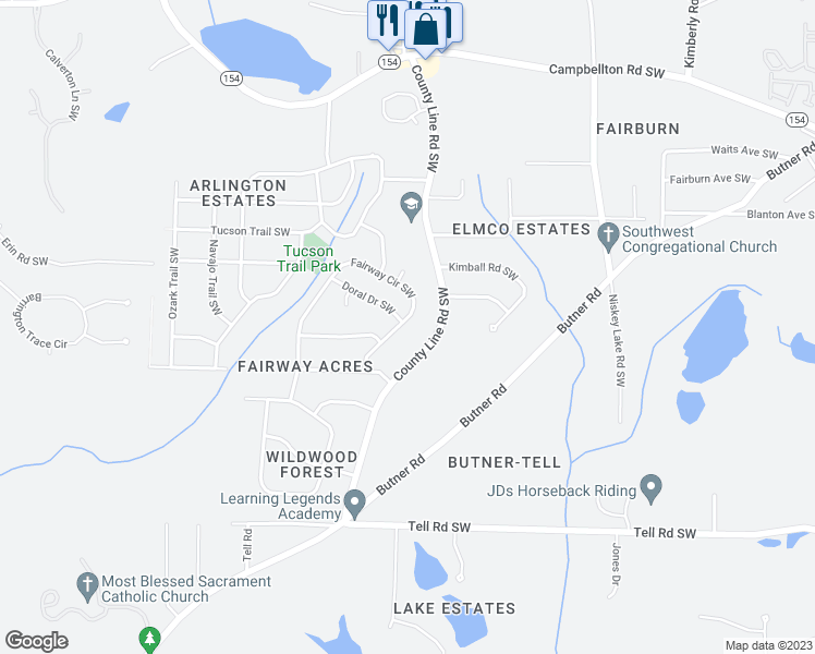 map of restaurants, bars, coffee shops, grocery stores, and more near 2249 Fairway Circle Southwest in Atlanta