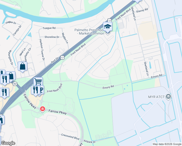 map of restaurants, bars, coffee shops, grocery stores, and more near 2606 Orion Loop in Myrtle Beach