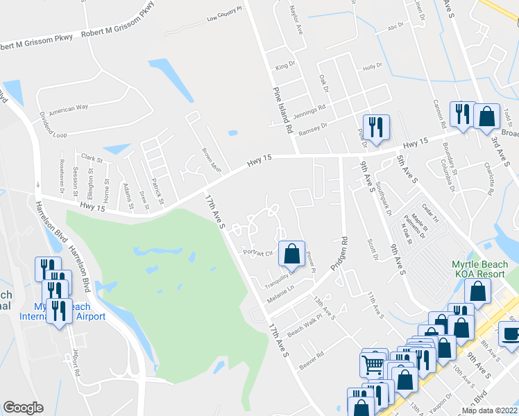 map of restaurants, bars, coffee shops, grocery stores, and more near 1021 Penny Lane in Myrtle Beach