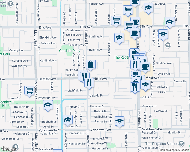 map of restaurants, bars, coffee shops, grocery stores, and more near 9588 Shimizu River Circle in Fountain Valley