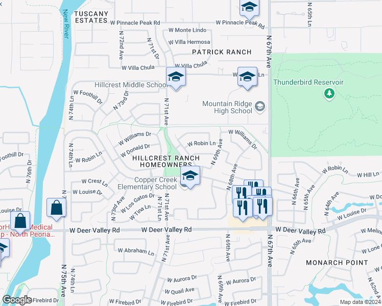 map of restaurants, bars, coffee shops, grocery stores, and more near 6956 West Via Montoya Drive in Glendale