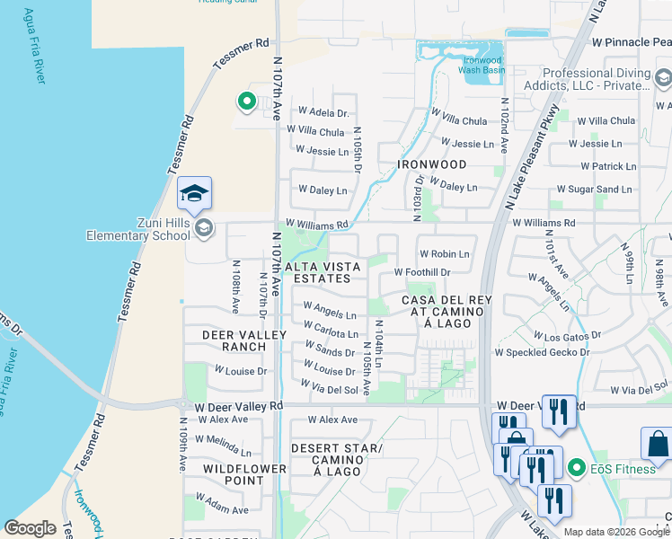 map of restaurants, bars, coffee shops, grocery stores, and more near 10542 West Foothill Drive in Peoria