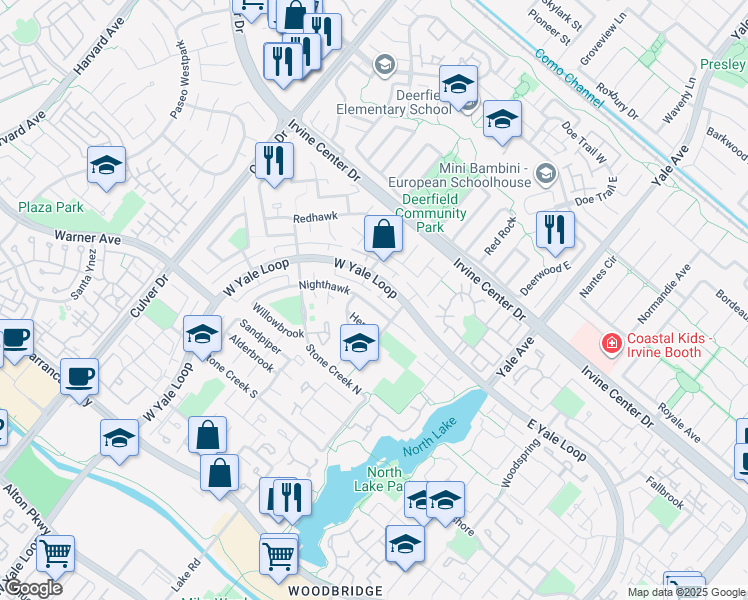 map of restaurants, bars, coffee shops, grocery stores, and more near 95 Nighthawk in Irvine