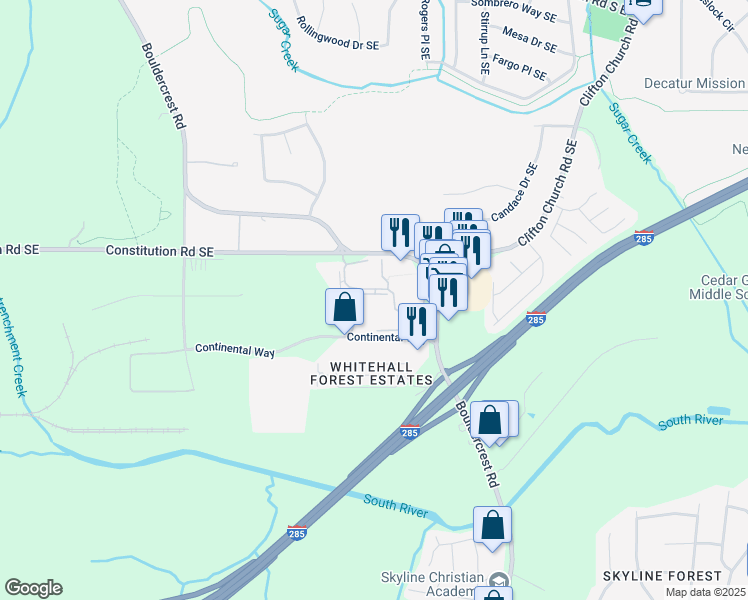 map of restaurants, bars, coffee shops, grocery stores, and more near 28 Bouldercrest Road in Atlanta