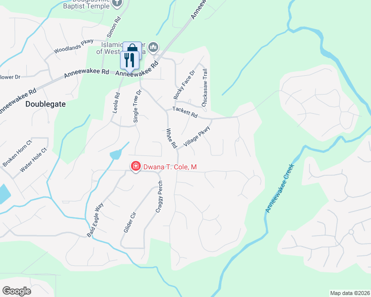 map of restaurants, bars, coffee shops, grocery stores, and more near 3635 Village Parkway in Douglasville