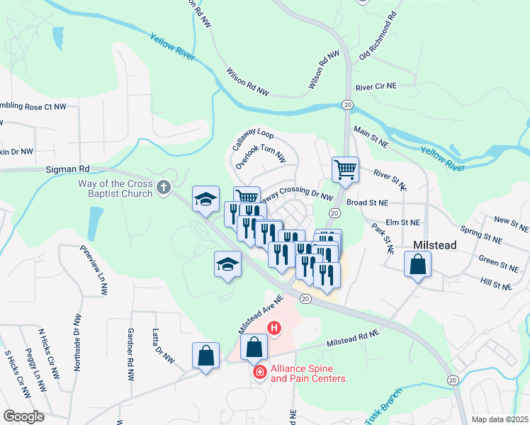 map of restaurants, bars, coffee shops, grocery stores, and more near 112 Odyssey Turn Northwest in Conyers