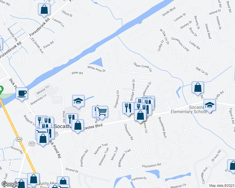 map of restaurants, bars, coffee shops, grocery stores, and more near 5699 Dogwood Circle in Myrtle Beach