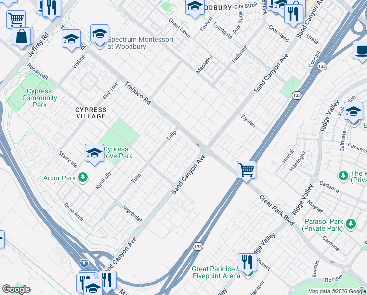 map of restaurants, bars, coffee shops, grocery stores, and more near 88 Field Poppy in Irvine