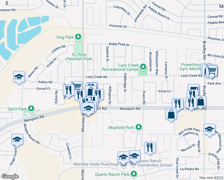 map of restaurants, bars, coffee shops, grocery stores, and more near 29846 Killington Drive in Menifee