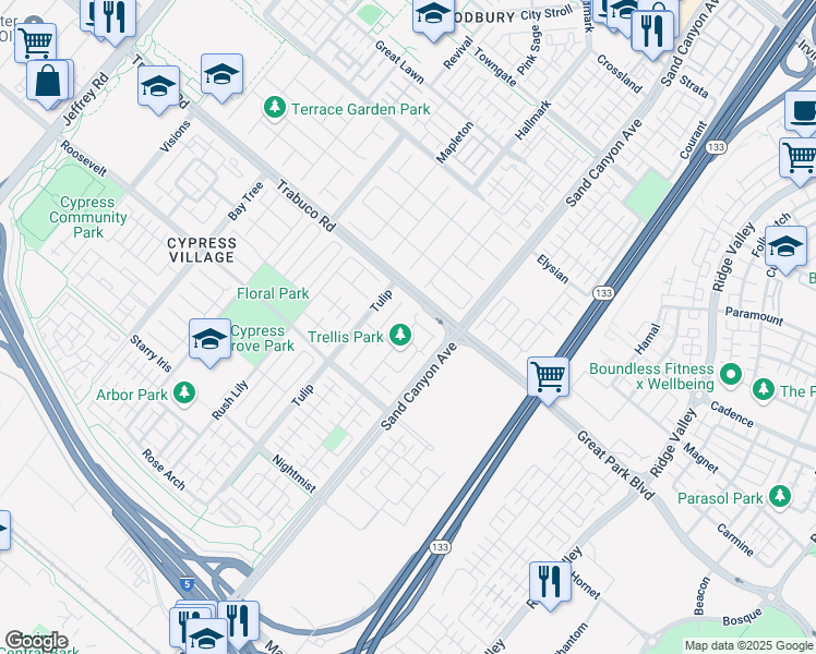 map of restaurants, bars, coffee shops, grocery stores, and more near 95 Hanging Garden in Irvine
