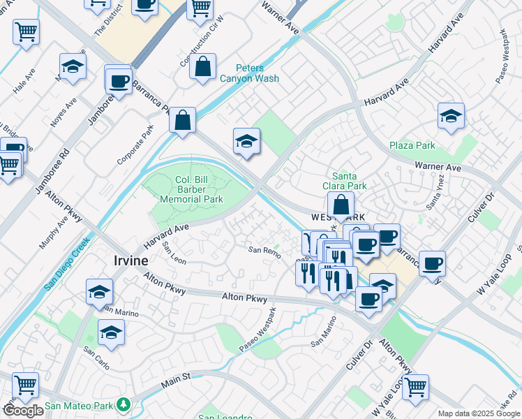 map of restaurants, bars, coffee shops, grocery stores, and more near 20 Arese Aisle in Irvine