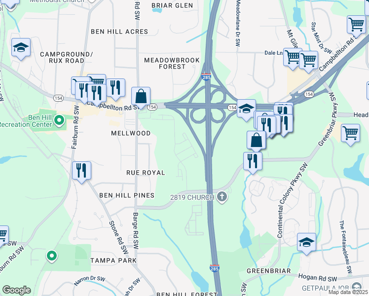map of restaurants, bars, coffee shops, grocery stores, and more near 2400 Barge Road Southwest in Atlanta