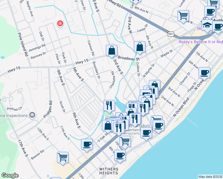 map of restaurants, bars, coffee shops, grocery stores, and more near 706 Charlotte Road in Myrtle Beach