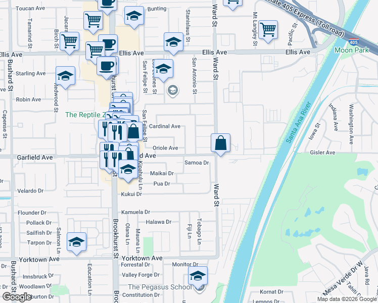 map of restaurants, bars, coffee shops, grocery stores, and more near 18984 San Carlos Street in Fountain Valley