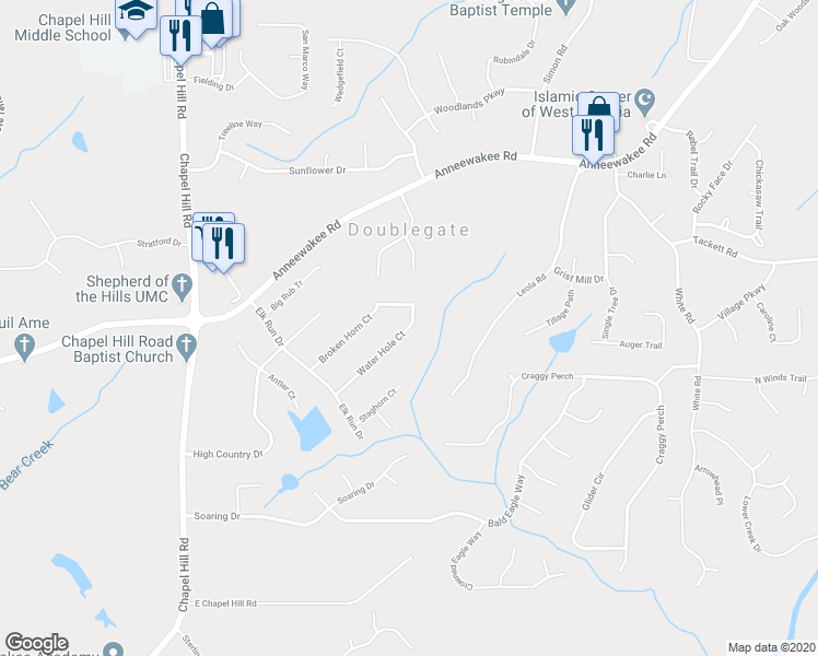 map of restaurants, bars, coffee shops, grocery stores, and more near 4011 Water Hole Court in Douglasville