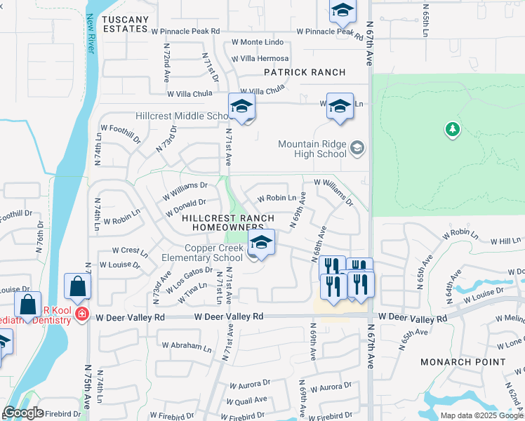 map of restaurants, bars, coffee shops, grocery stores, and more near 6937 West Via Montoya Drive in Glendale