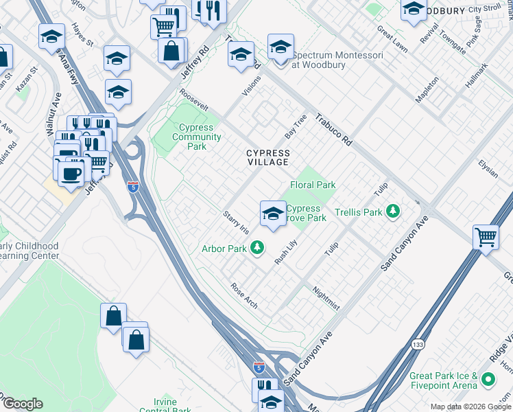 map of restaurants, bars, coffee shops, grocery stores, and more near 123 Mountain Violet in Irvine